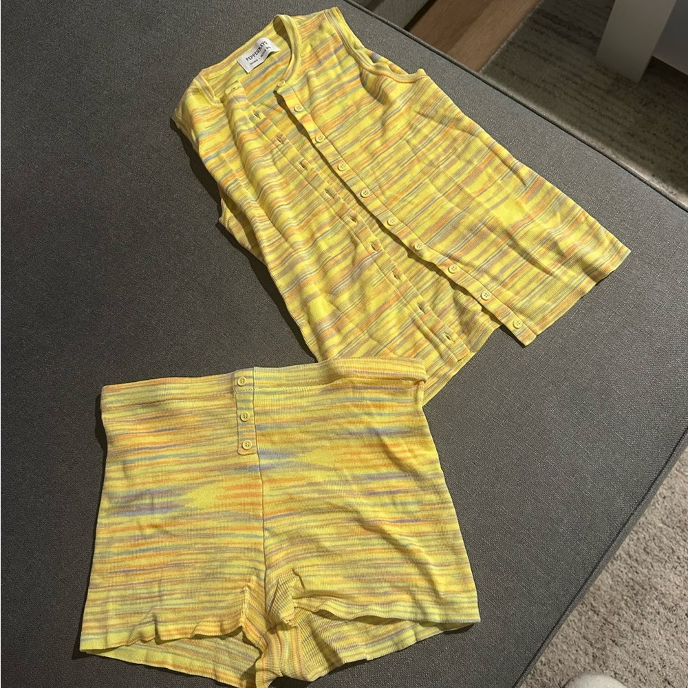 NWT Peppermayo Felix Yellow Striped Button-Up Top and Shorts Set